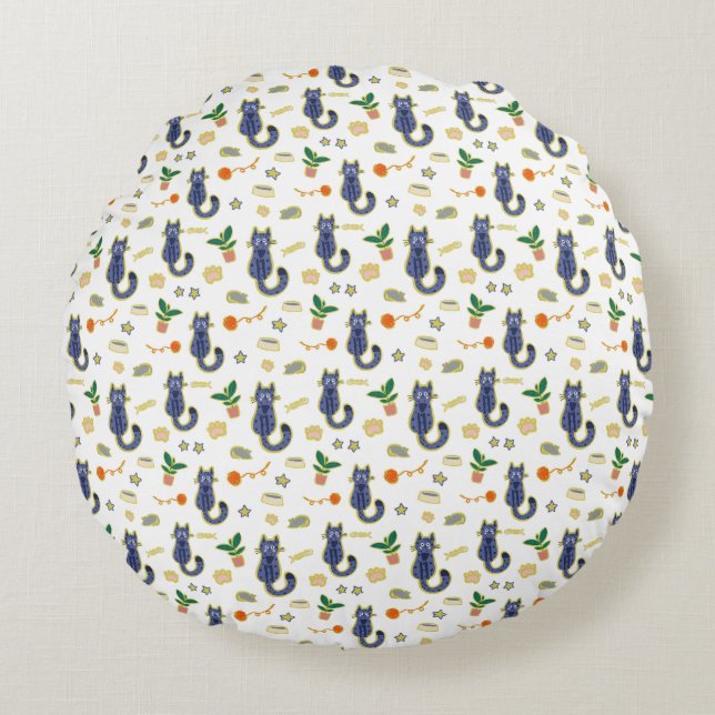 Watercolor Cute Cats Pattern Round Pillow (Front)