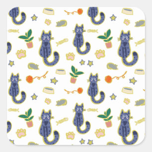Watercolor Cute Cats Pattern Square Sticker