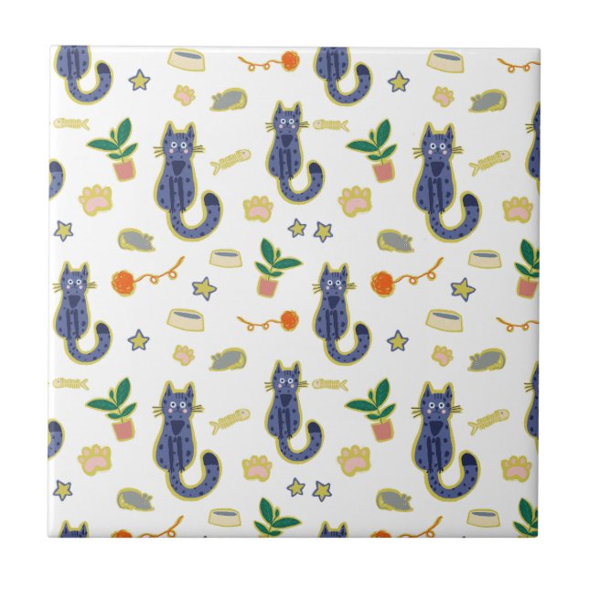Watercolor Cute Cats Pattern Tile (Front)