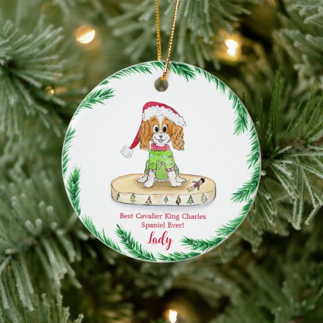 Watercolor Cute Cavalier King Charles Spaniel  Ceramic Ornament (Tree)