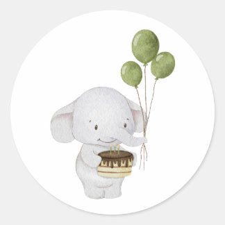 Watercolor Cute Chef Elephant with Cake & Balloons Classic Round Sticker