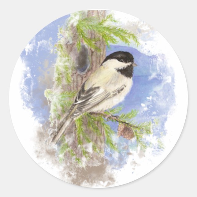 Watercolor Cute Chickadee Bird Nature Art Classic Round Sticker (Front)