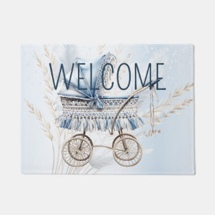Watercolor Cute Classic Baby Stroller Blue Floral Doormat