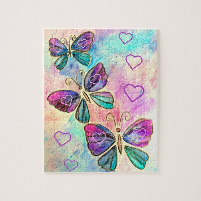 Watercolor - Cute Colourful Butterflies - Hearts Jigsaw Puzzle (Vertical)