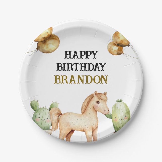 Watercolor Cute Cowboy 1st Rodeo Birthday Paper Plate (Front)