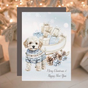 Watercolor Cute & Cozy Little White Dog Happy Holiday Card