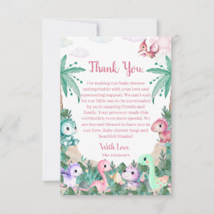 Watercolor Cute Dinosaur Girl Baby Shower Thank You Card