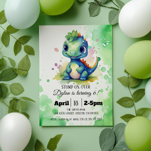 Watercolor Cute Dinosaur Green Boy Birthday Invitation