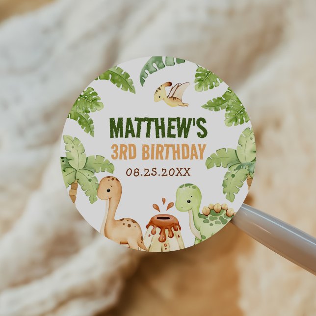 Watercolor Cute Dinosaur Greenery 3rd  Birthday Classic Round Sticker (Creator Uploaded)