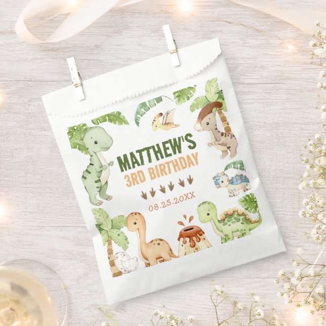 Watercolor Cute Dinosaur Greenery 3rd  Birthday Favour Bag (Clipped)