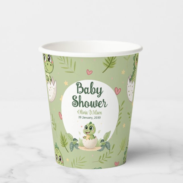 Watercolor Cute Dinosaur Greenery Boy Baby Shower Paper Cups (Front)