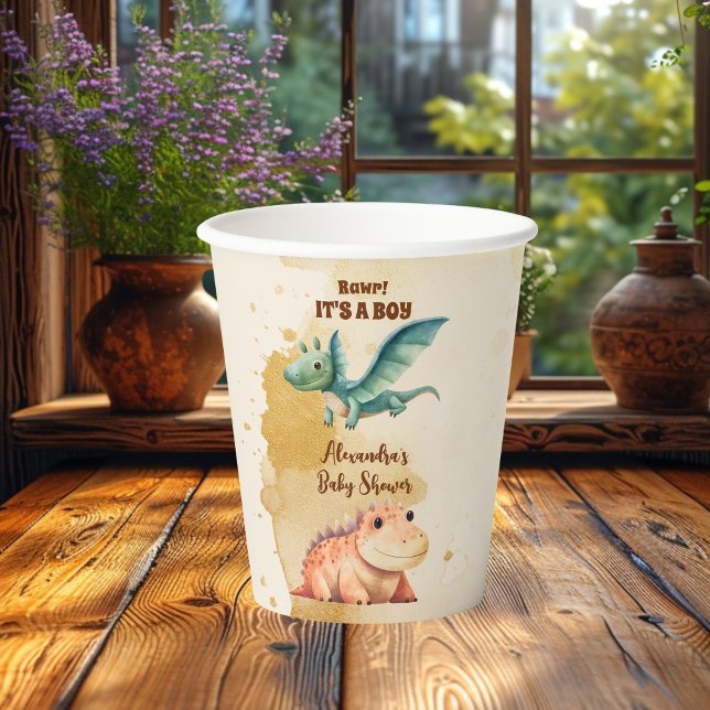 Watercolor Cute Dinosaur Greenery Boy Baby Shower Paper Cups (Creator Uploaded)