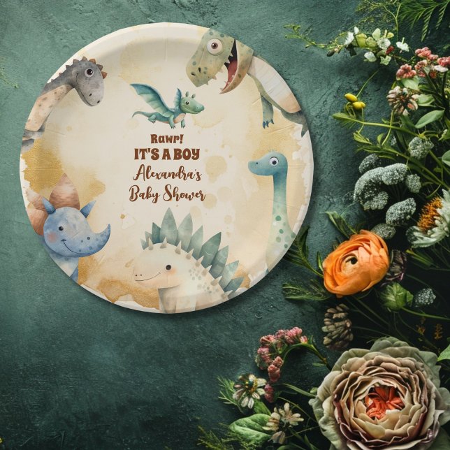 Watercolor Cute Dinosaur Greenery Boy Baby Shower Paper Plate (Creator Uploaded)
