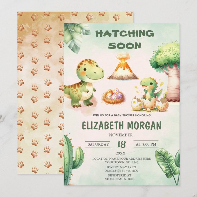 Watercolor Cute Dinosaur Hatching Soon Baby Shower Invitation (Front/Back)
