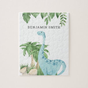 Watercolor Cute Dinosaur Personalized Name Jigsaw Puzzle