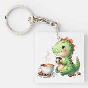 watercolor Cute Dinosaur T Rex drinking Acrylic Keychain