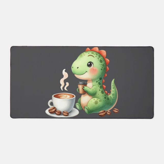 watercolor Cute Dinosaur T Rex drinking coffee Desk Mat (Front)