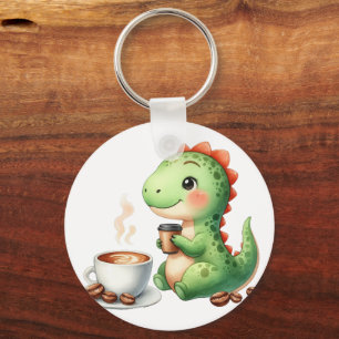 watercolor Cute Dinosaur T Rex drinking coffee Keychain