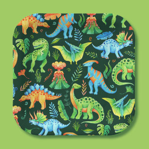 Watercolor Cute Dinosaurs Boys Birthday Party Paper Plate