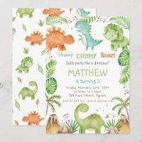 Watercolor Cute Dinosaurs Greenery Boy Birthday 