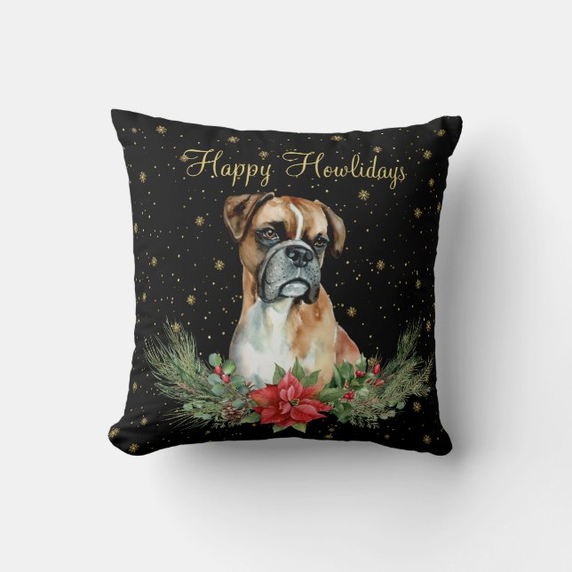 Watercolor Cute Dog Happy Howlidays Throw Pillow (Front)