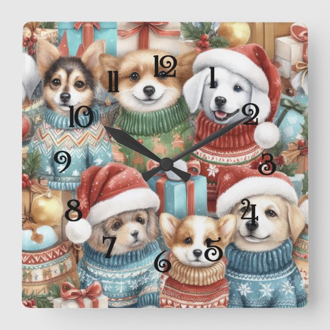 Watercolor Cute Dogs in Sweaters Square Wall Clock (Front)