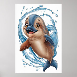Watercolor cute dolphin for kids room poster