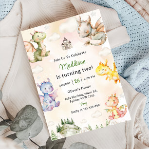 Watercolor Cute Dragon 1st Birthday Party  Invitation