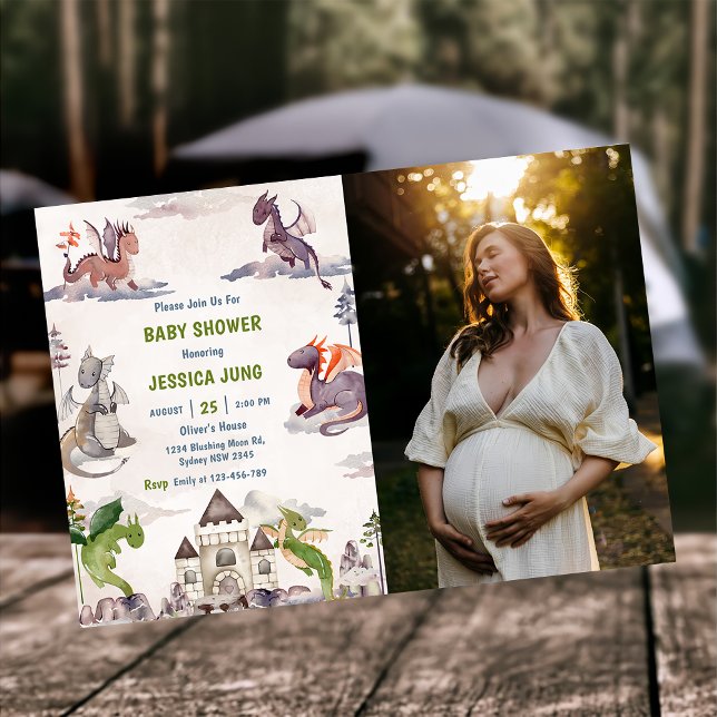 Watercolor Cute Dragon Baby Shower Photo  Invitation (Creator Uploaded)