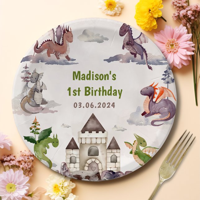 Watercolor Cute Dragon Birthday Paper Plates (Creator Uploaded)