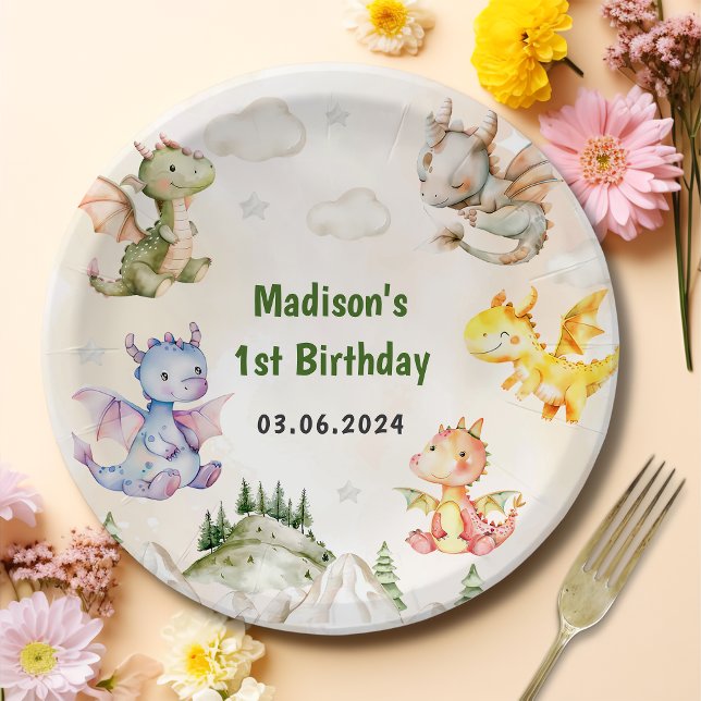 Watercolor Cute Dragon Birthday Paper Plates (Creator Uploaded)