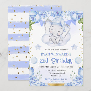 Watercolor Cute Elephant and Blue Roses Birthday Invitation