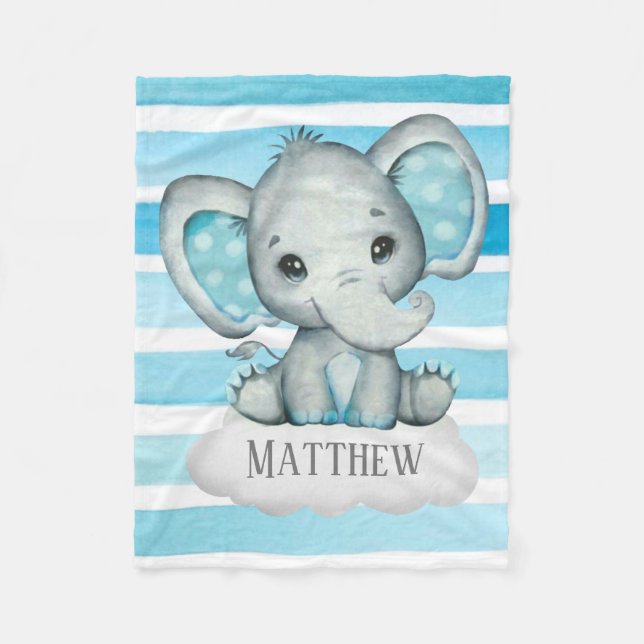 Watercolor Cute Elephant and Stripes Custom Fleece Blanket (Front)