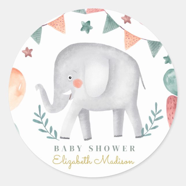 Watercolor Cute Elephant Baby Shower Classic Round Sticker (Front)