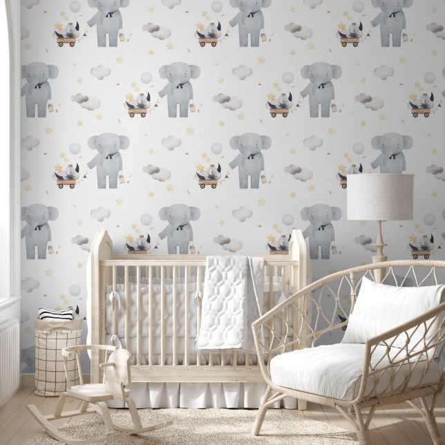 Watercolor Cute Elephant Moon Clouds Ship Nursery Wallpaper (Kids)