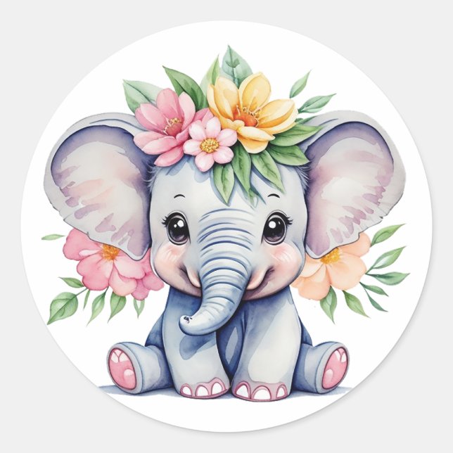 Watercolor Cute Elephant with flowers Classic Round Sticker (Front)
