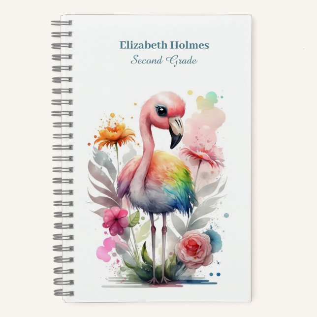 Watercolor Cute Flamingo with Flowers Notebook (Front)
