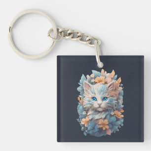 Watercolor Cute Floral Cat Splash Keychain
