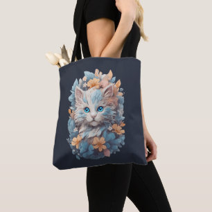 Watercolor Cute Floral Cat Splash Tote Bag