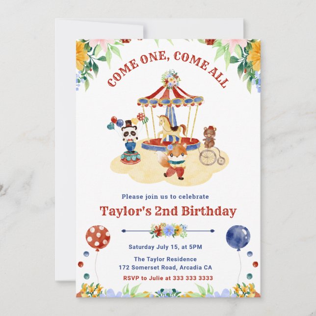 Watercolor Cute Floral Circus Carnival Birthday Invitation (Front)