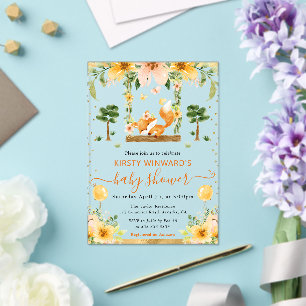 Watercolor Cute Floral Fox Baby Shower Acrylic Invitations
