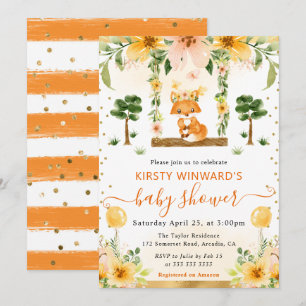 Watercolor Cute Floral Fox Baby Shower Invitation