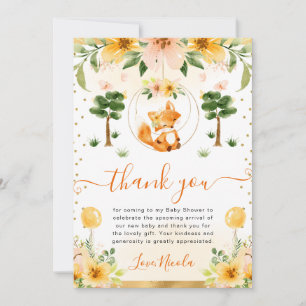 Watercolor Cute Floral Fox Baby Shower Thank You Card
