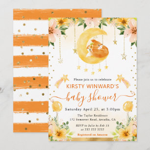 Watercolor Cute Floral Fox on Moon Baby Shower Invitation