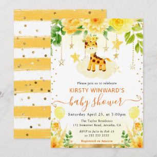 Watercolor Cute Floral Giraffe Baby Shower Invitation