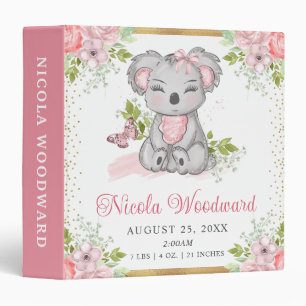 Watercolor Cute Floral Koala Baby Birth Stats Binder