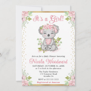 Watercolor Cute Floral Koala Girl Baby Shower Invitation