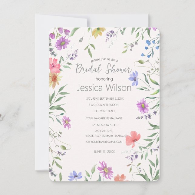 Watercolor Cute Floral Meadow  Bridal Shower Invitation (Front)