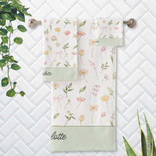 Watercolor Cute Flower Personalized Floral Bath Towel Set