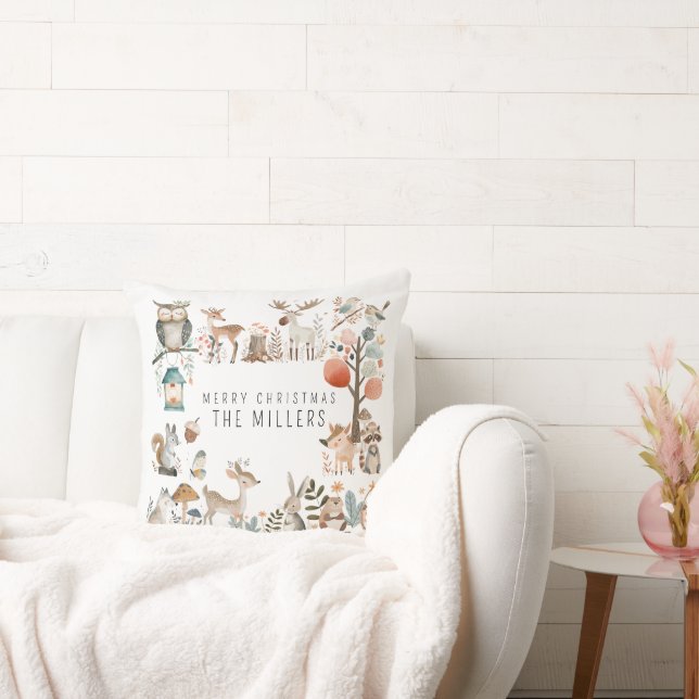 Watercolor Cute Forest Animals Throw Pillow (Couch)